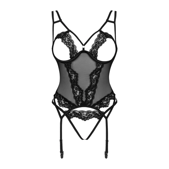 SETILLA Black merevítős, nyitott corset+tanga 
