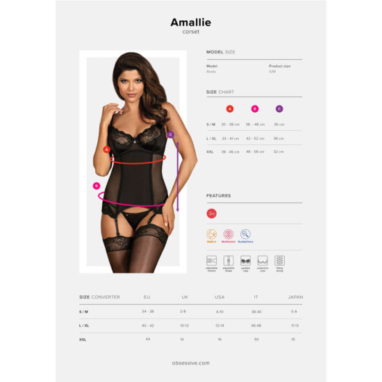 AMALLIE Black LUXUS fehérnemű, szexi szivacsos corset+tanga