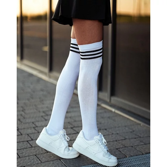 MILENA STRIPED vastag pamut combzokni - FEHÉR-FEKETE CSÍKKAL