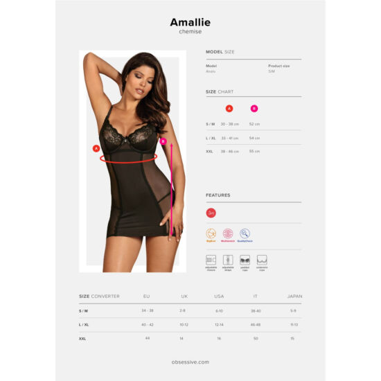 AMALLIE Black LUXUS fehérnemű, szexi szivacsos hálóing+tanga